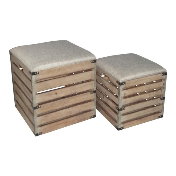 H2H Square Wood Slat Storage Bench with Metal Accent & Cushioned Lid - Set of 2 H21526698